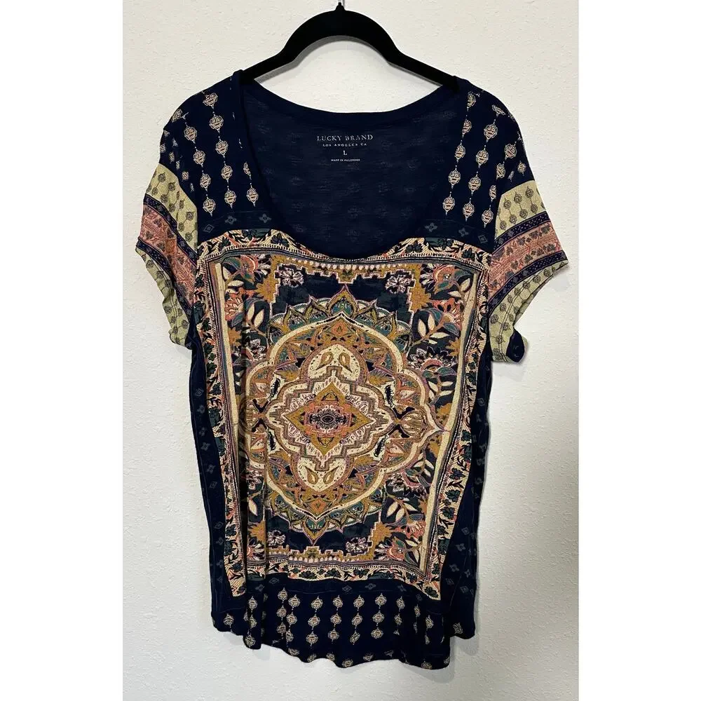 LUCKY BRAND Persian Carpet Boho Print Short Sleeve Graphic T-Shirt Top Womens L - Picture 1 of 7